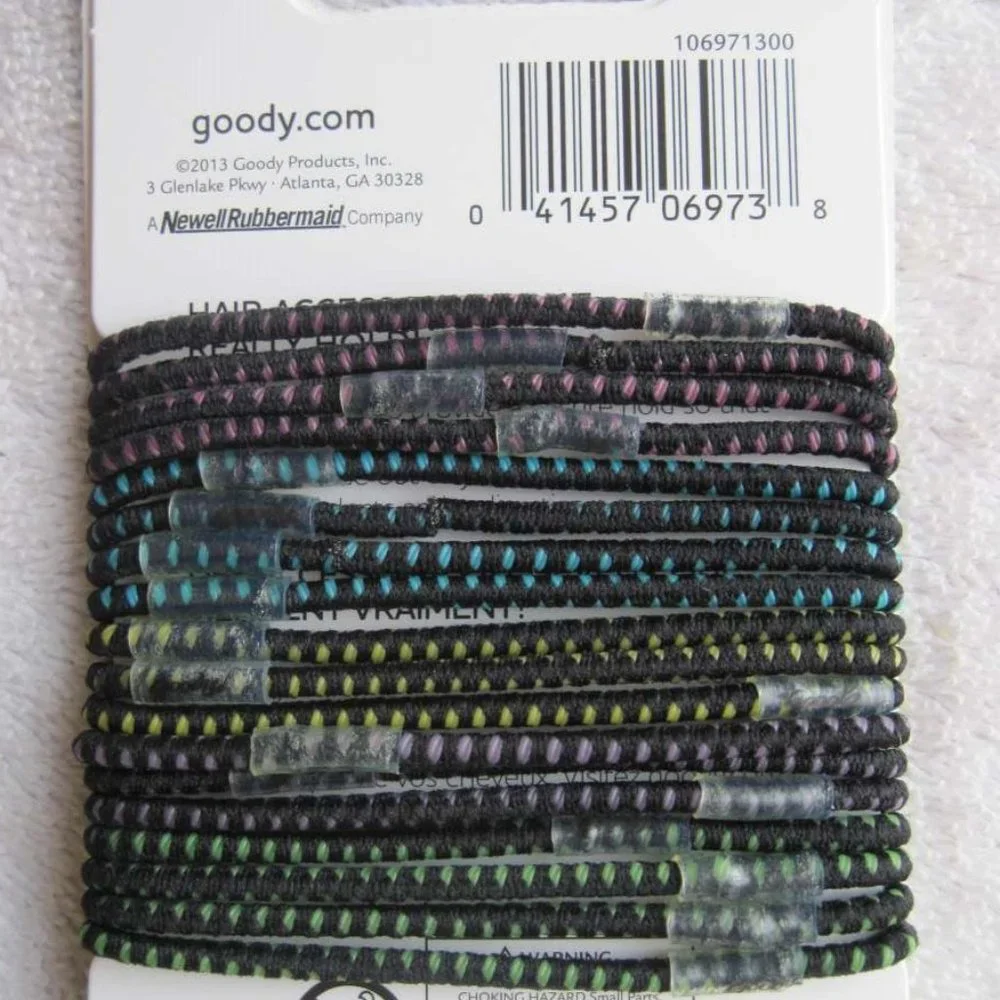 18 Goody Skinny Black w Color Ouchless Slideproof Stay Put Ponytailer Hair Bands
